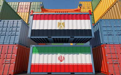 Cargo containers with Iran and Egypt national flags. 3D Rendering