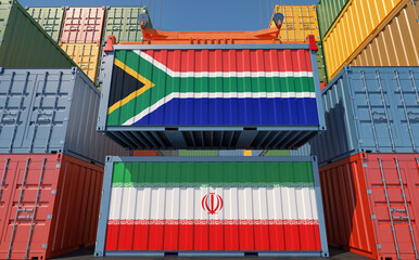 Cargo containers with South Africa and Iran national flags. 3D Rendering