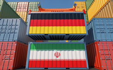 Cargo containers with Iran and Germany national flags. 3D Rendering