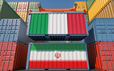 Cargo containers with Iran and Italy national flags. 3D Rendering