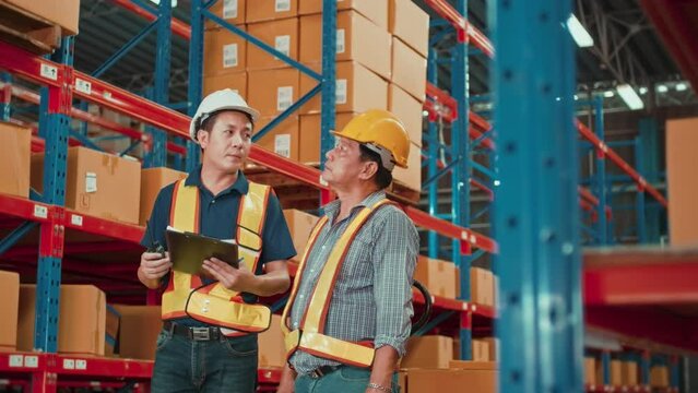 Group of  workers wearing helmet checking inventory and discussing in modern warehouse.