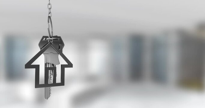 Animation of silver house keys hanging against blurred background with copy space