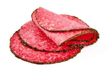 Traditional smoked salami sausage with spices Isolated on white background.