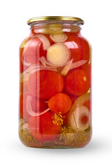 Glass jar with homemade pickled tomatoes, isolated on white background.