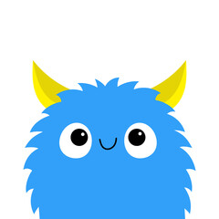 Fluffy monster blue head face silhouette. Happy Halloween. Cute Funny Kawaii cartoon baby character. Eyes, teeth, horn ears. Smiling face. Boo. Sticker print. Flat design. White background.
