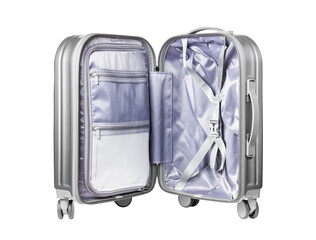 Unfolded suitcase isolated on white background. Gray suitcase. Suitcase on wheels. Luggage suitcase isolated on white. Open bag.