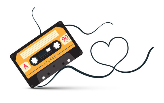 Audio cassette with heart shaped tape isolated on white background - vector