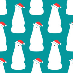 White cartoon polar bear with Santa Claus hat seamless pattern. vector flat ornamen on blue background. north winter new year print. Christmas yoga bear wallpaper.