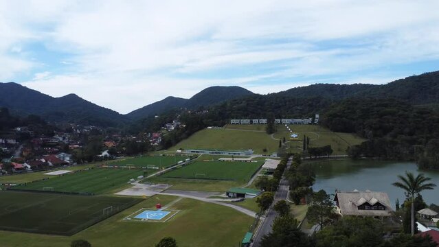 Aerial view of Granja Comary and the lake in the city of Teres&oacute;polis. Mountain region of Rio de Janeiro, Brazil. Drone take. Brazilian Football Team and Brazilian Football Confederation.