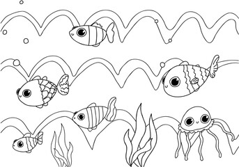 Cute baby fish, jellyfish, waves, ocean, doodle coloring book isolated. Hand drawn sketch sea.