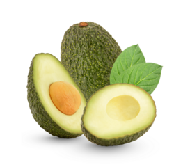 Fresh avocado with leaves isolated on transparent background (.PNG)