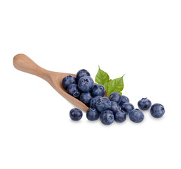Fresh blueberry in a wooden spoon with leaves isolated on transparent background (.PNG)