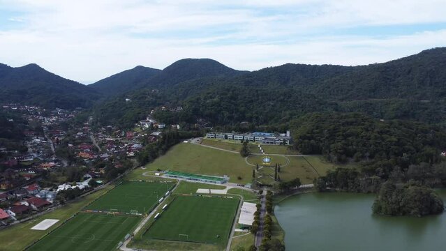 Aerial view of Granja Comary and the lake in the city of Teres&oacute;polis. Mountain region of Rio de Janeiro, Brazil. Drone take. Brazilian Football Team and Brazilian Football Confederation.