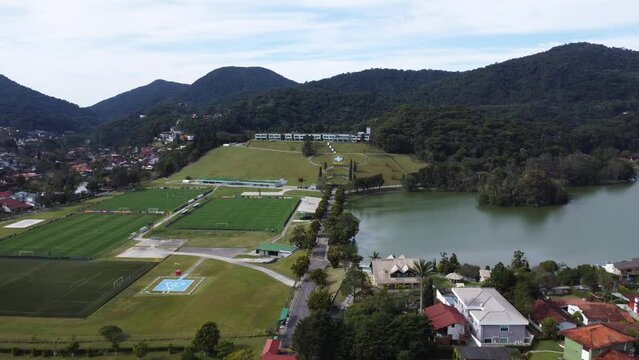 Aerial view of Granja Comary and the lake in the city of Teres&oacute;polis. RJ. Brazil. Drone take. Brazilian Football Team and Brazilian Football Confederation.