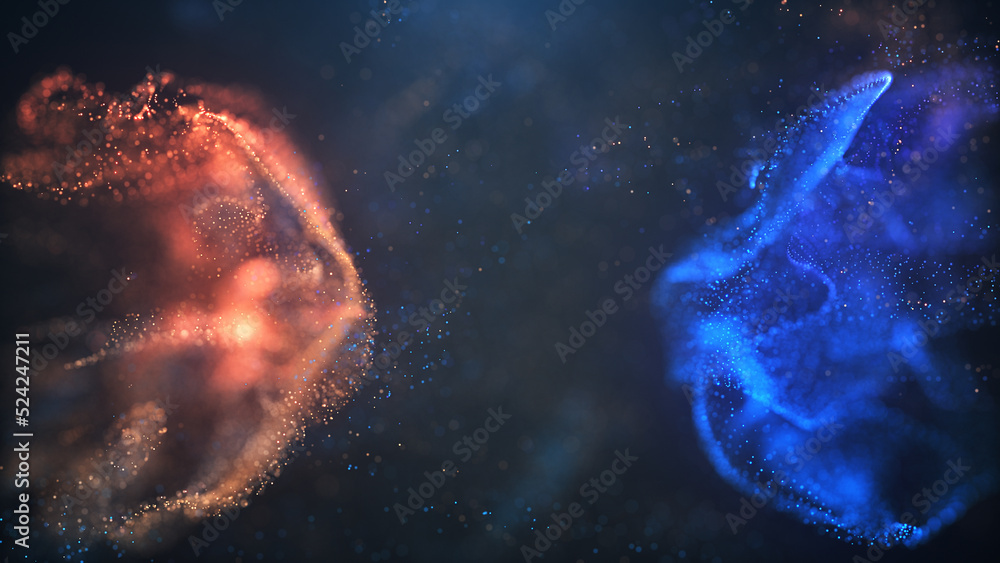 Aufkleber blue and golden fluid particles collision background. digital data flow. creative abstract backgroun