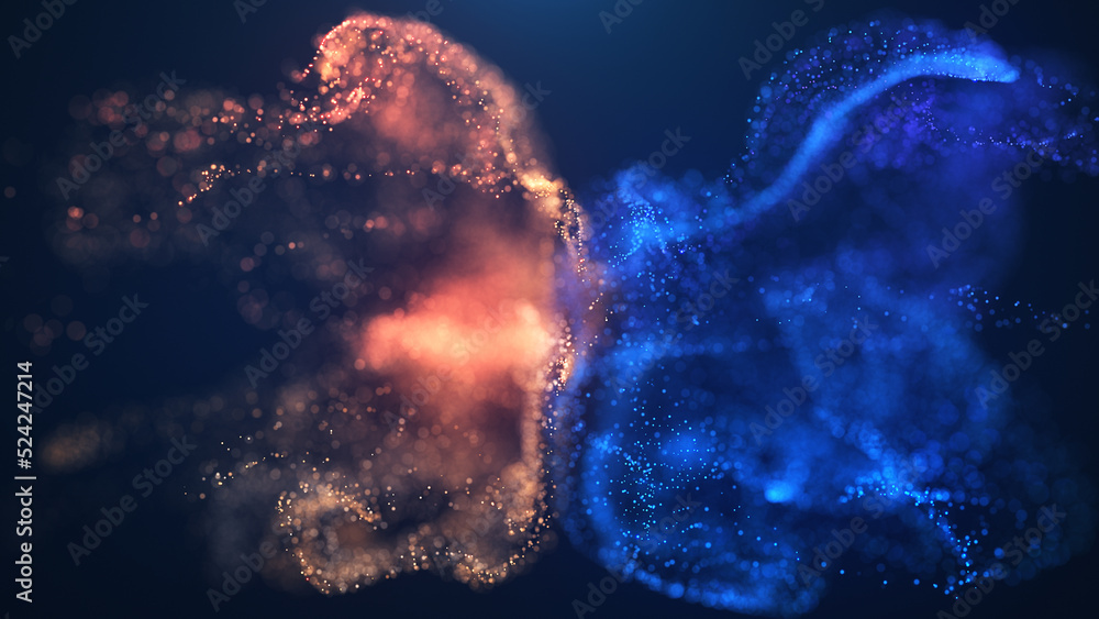 Aufkleber blue and golden fluid particles collision background. digital data flow. creative abstract backgroun