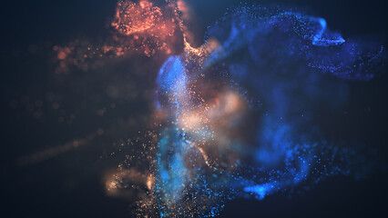 Blue and golden fluid particles collision background. Digital data flow. Creative abstract background. Seamless loop