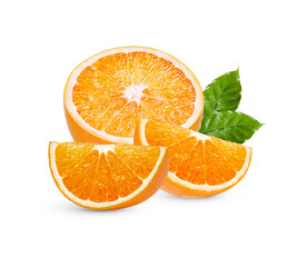 Fresh orange sliced with leaves isolated on transparent background (.PNG)