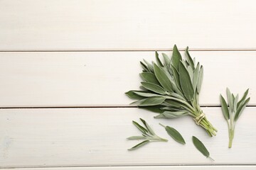 Bunch of fresh green sage on white wooden table, flat lay. Space for text
