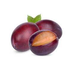 Fresh plum with leaves isolated on transparent background (.PNG)