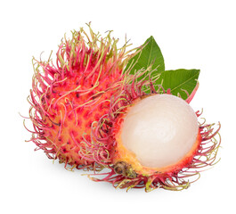 Fresh rambutan fruit with leaves isolated on transparent background (.PNG)