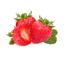 Fresh strawberries with leaves isolated on transparent background (.PNG)