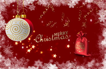 merry Christmas text and white ball on red background with white snow flakes 