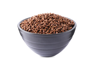 Buckwheat tea granules in bowl on white background