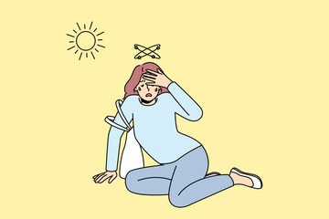 Fototapeta premium Unhealthy woman fall on ground suffer from heatstroke from hot weather outside. Female feeling bad lose consciousness struggle with heat. Overheat concept. Vector illustration. 