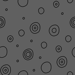 Vector illustration. Spotted grey, black and white background. Geometric abstract pattern with hand drawn contour, line circles. Randomly scattered dots of irregular shape.