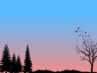 background color gradation with tree and bird silhouette motifs