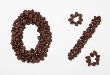 0 percent made of coffee beans on white background, top view. Decaffeinated drink