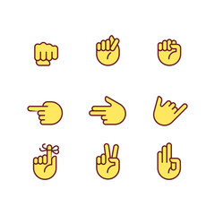 Fototapeta premium Visual messages by hands pixel perfect RGB color icons set. Traditional gestures. Body language information. Isolated vector illustrations. Simple filled line drawings collection. Editable stroke