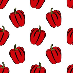 A simple doodle illustration of bright juicy sweet pepper. Sweet Bulgarian pepper. Seamless pattern.