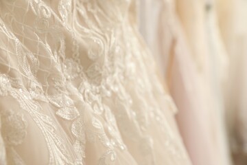 Beautiful wedding dress with lace, closeup view