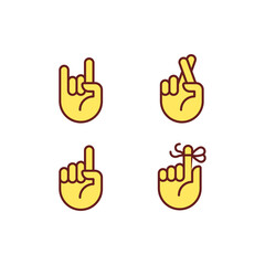 Informative hand gestures pixel perfect RGB color icons set. Non verbal message. Body language signals. Isolated vector illustrations. Simple filled line drawings collection. Editable stroke