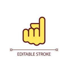 Index finger pointing up pixel perfect RGB color icon. Showing upward direction. Hand gesture. Isolated vector illustration. Simple filled line drawing. Editable stroke. Arial font used