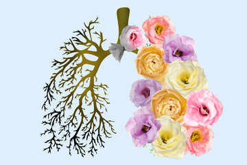 Illustration of human lungs - one part with image of dry tree branches, another with fresh flowers...