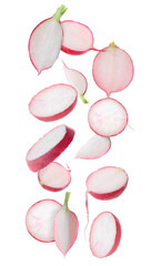 Fresh ripe radishes falling on white background