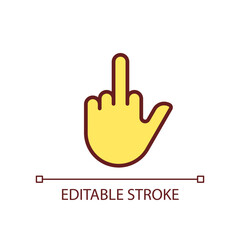 Middle finger pixel perfect RGB color icon. Obscene hand gesture. Offensive non verbal message. Isolated vector illustration. Simple filled line drawing. Editable stroke. Arial font used