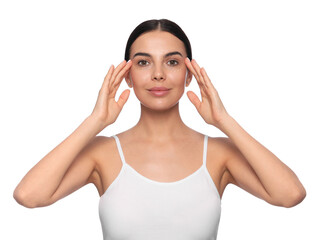 Beautiful young woman with gel on skin under eye against white background