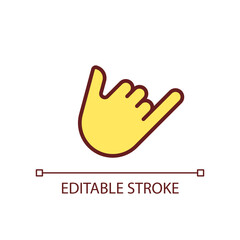 Fototapeta premium Shaka sign pixel perfect RGB color icon. Call me. Greeting gesture. Non verbal communication. Isolated vector illustration. Simple filled line drawing. Editable stroke. Arial font used