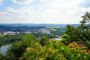View of the Ruhr area from the Ruhr steep slopes of Hohensyburg and Hagen. Landscape on the Ruhr.