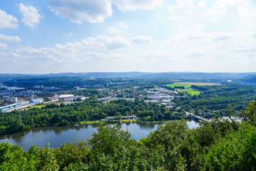 View of the Ruhr area from the Ruhr steep slopes of Hohensyburg and Hagen. landscape on the Ruhr.
