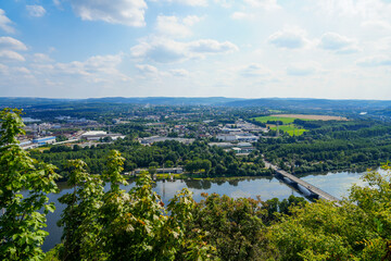 View of the Ruhr area from the Ruhr steep slopes of Hohensyburg and Hagen. landscape on the Ruhr.
