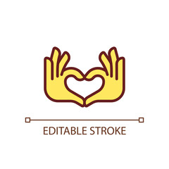 Hands heart gesture pixel perfect RGB color icon. Showing affection and love. Romantic relationship. Isolated vector illustration. Simple filled line drawing. Editable stroke. Arial font used
