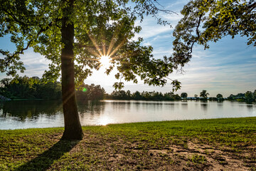 Sun setting over a lake