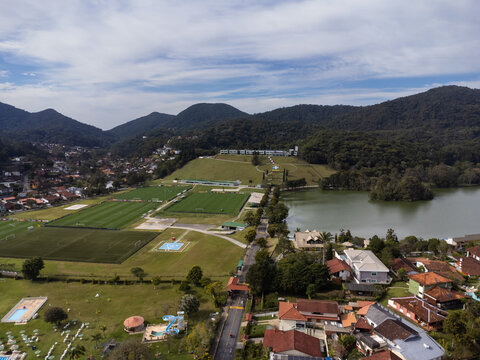 Aerial view of Granja Comary and the lake in the city of Teresópolis. Mountain region of Rio de Janeiro, Brazil. Drone photo. Brazilian Football Team and Brazilian Football Confederation
