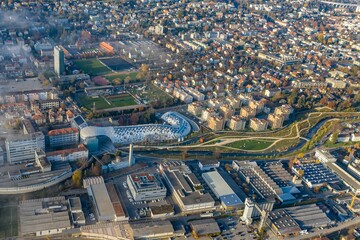 OMEGA & SWATCH - the snake of Biel from the air Switzerland - obrazy, fototapety, plakaty