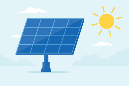 Renewable energy concept. Vector illustration of solar panel and yellow sun in the background. Flat design style. 